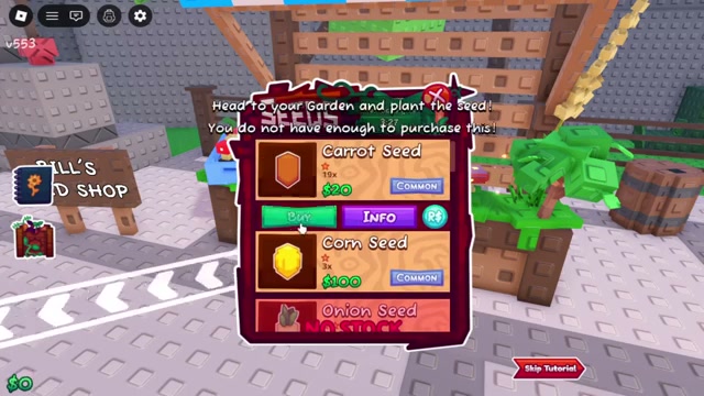 Garden Horizons seed shop interface showing planting options with game HUD visible