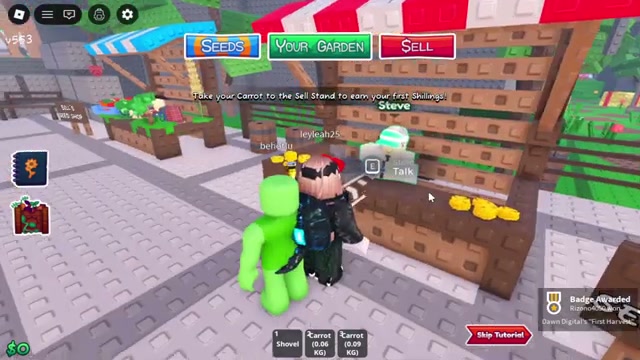 Player selling crops at the NPC stall in Garden Horizons with game HUD